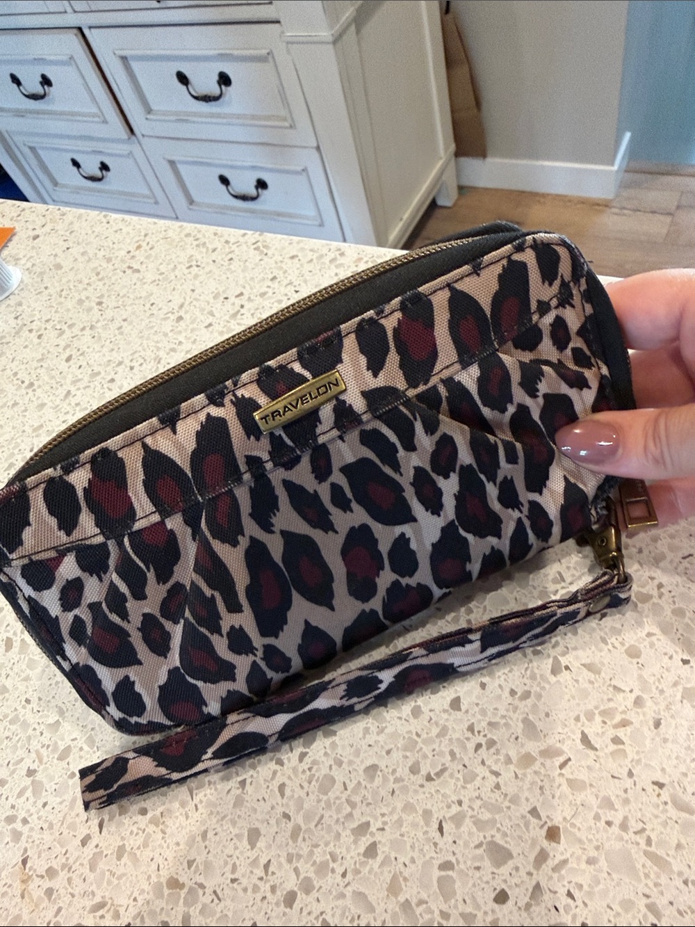 Travelon Leopard Print Wristlet Wallet - Beige with Burgundy Accents zip around
